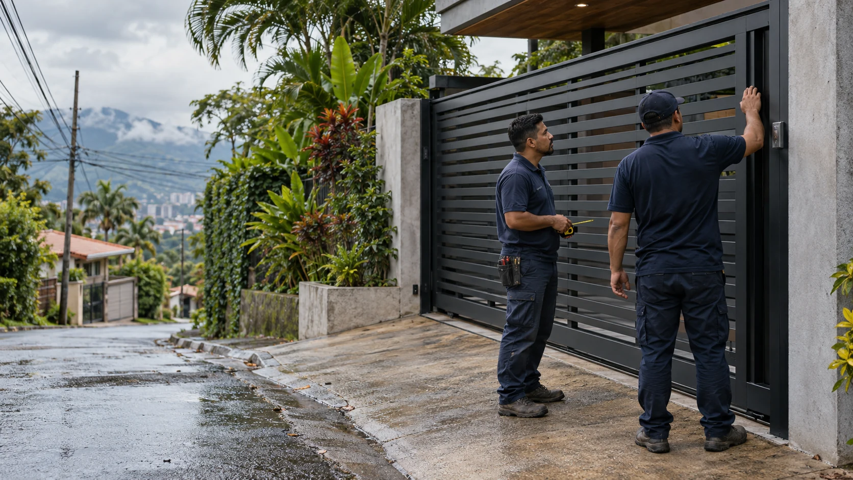 Técnicos de +QPortones revisando un portón residencial en Costa Rica