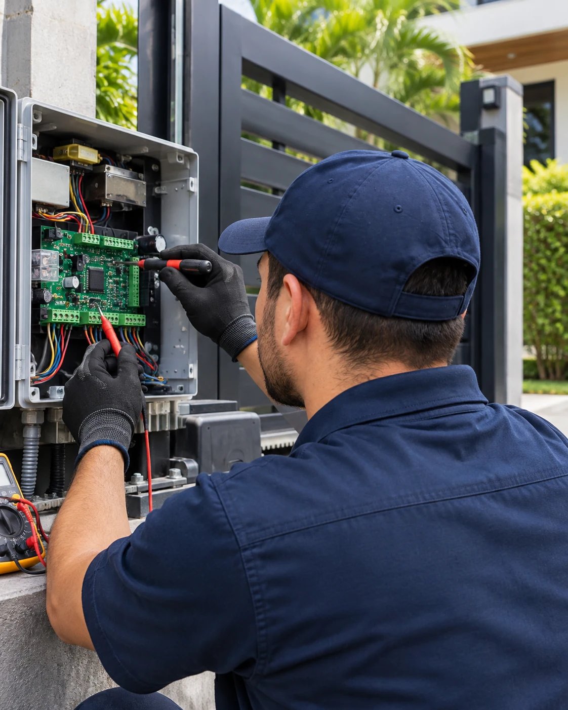 Técnico configurando el tablero electrónico de un portón automático