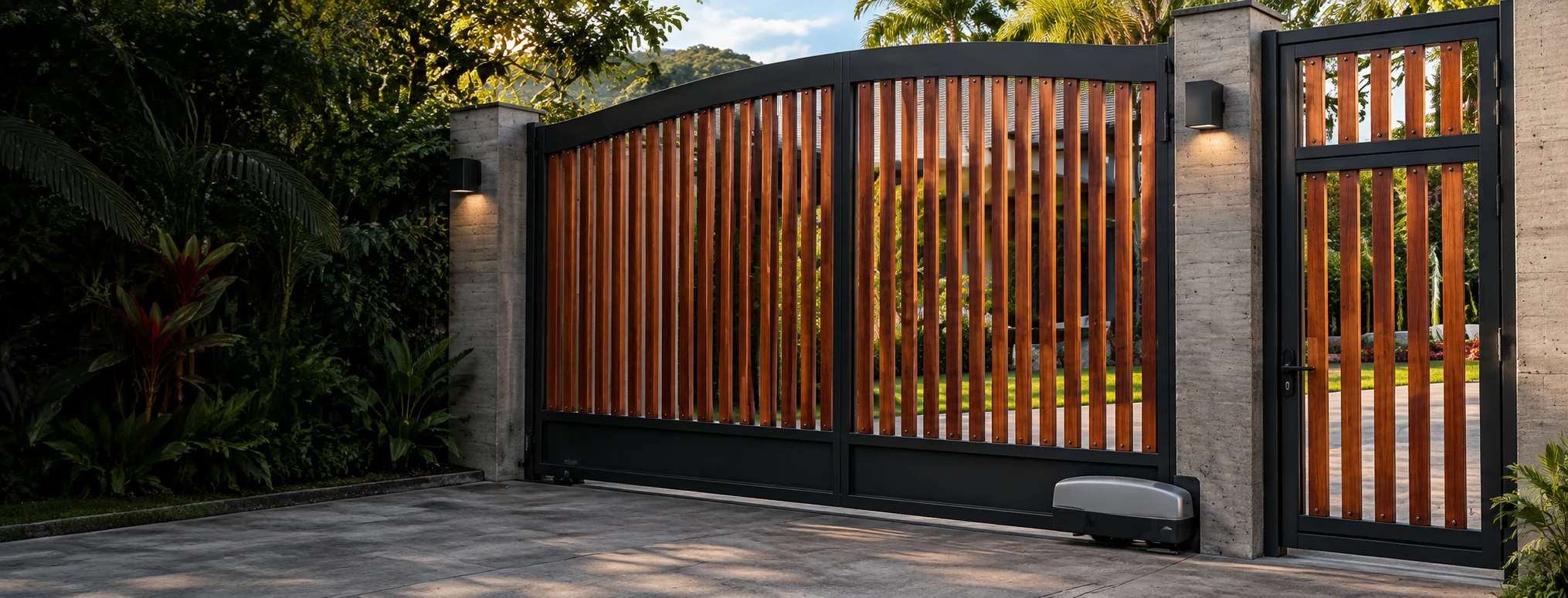 Portón residencial automático de metal oscuro y madera