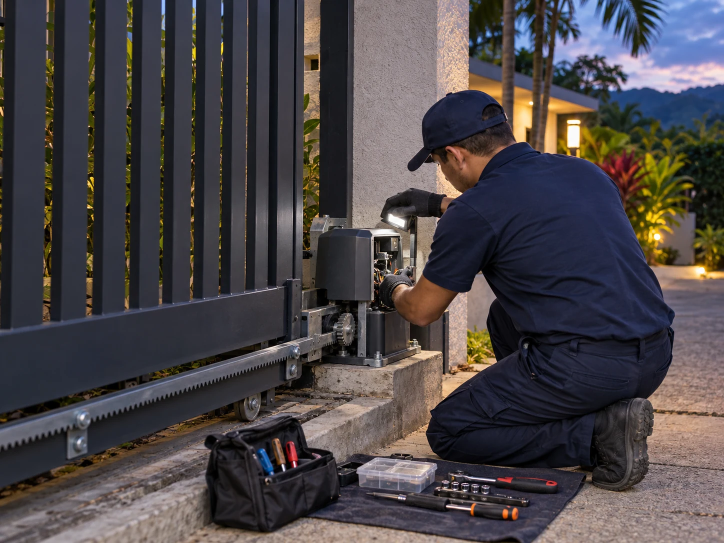 Técnico atendiendo una falla de portón automático al anochecer