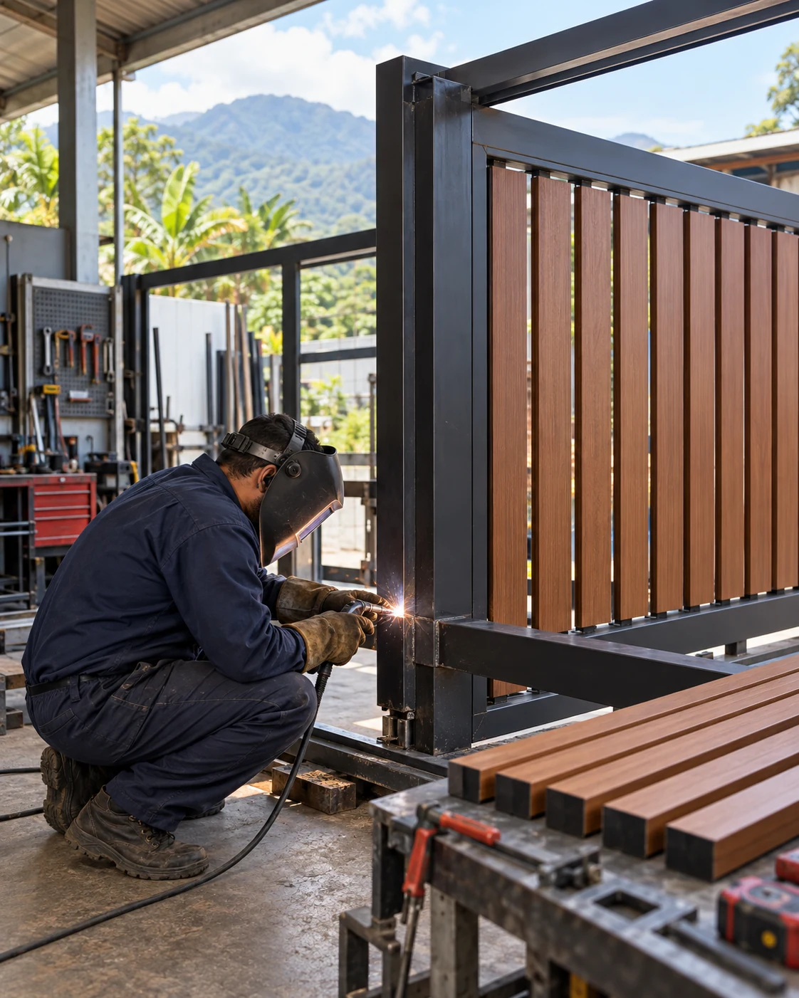 Fabricación artesanal de un portón metálico con detalles tipo madera