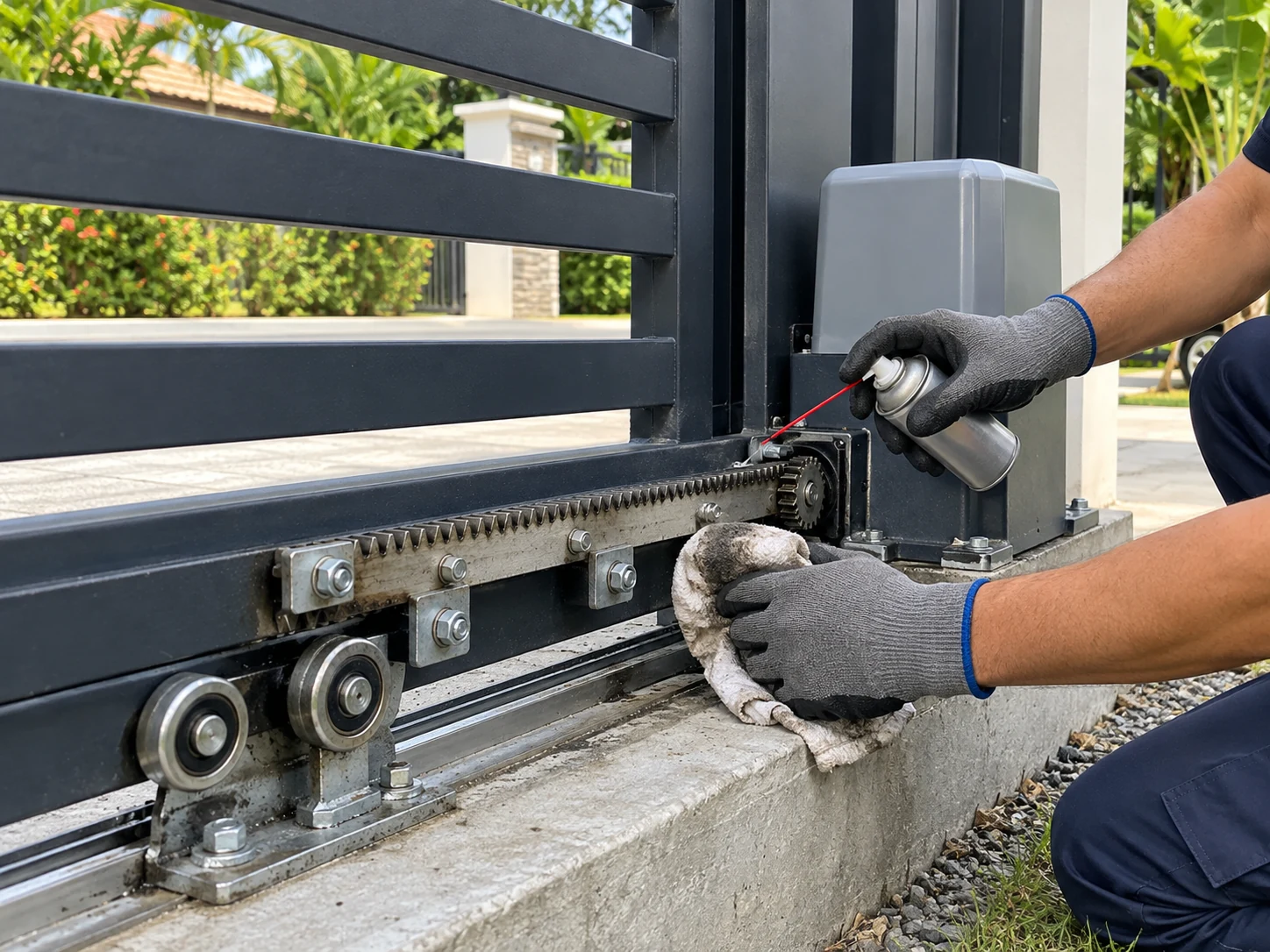 Limpieza y lubricación preventiva de un portón corredizo automático
