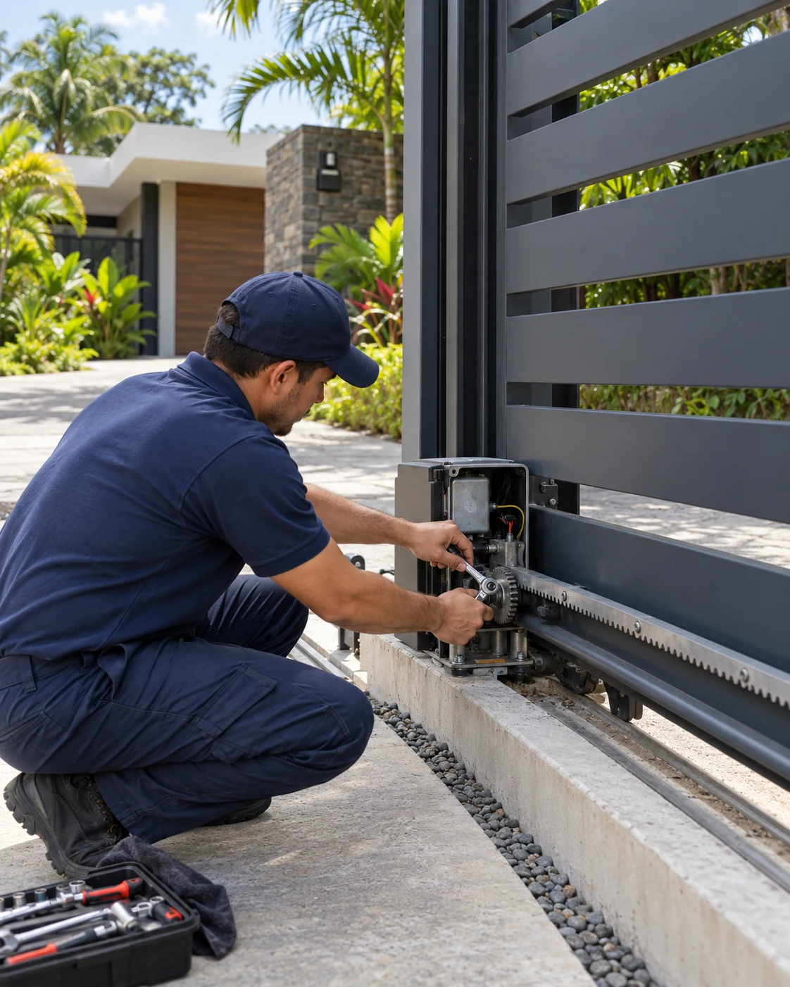 Técnico reparando el piñón y la cremallera de un portón corredizo automático